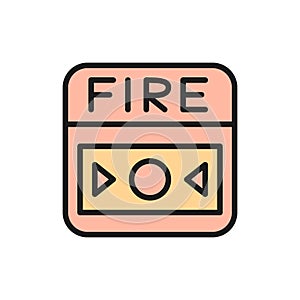 Fire alarm system, button flat color line icon.