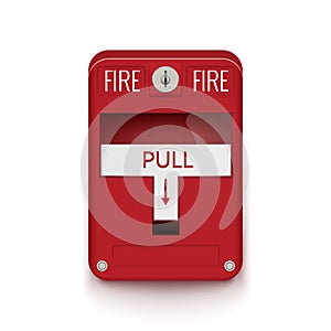 Fire alarm system. Pull danger fire safety box. Break red alarm equipment detector