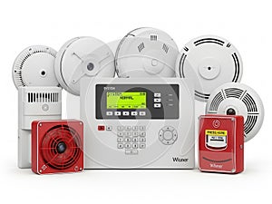 Fire alarm system and smoke detectors on white background isolated on white background