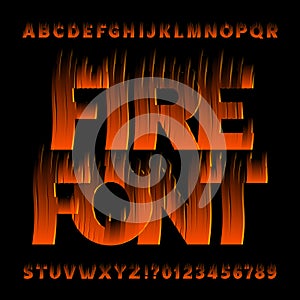 Fire alphabet font. Flame effect type letters and numbers on black background.