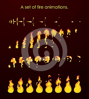 Fire animation sprites. A set of animations for a game or a cartoon.