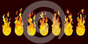 Fire animation sprites. Set of red and orange fire flame. Flames of different shapes. Collection of hot flaming element