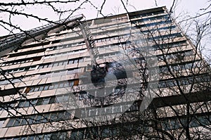 Fire apartment building. black smoke