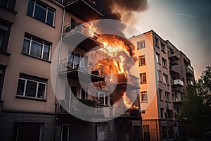 fire in the apartment. flames engulf an apartment in a multi-story building. Generative AI