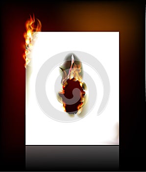 Fire background, burning hole in paper