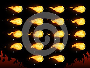 Fire ball. Animated flaming fireball, hot flying flame and warm fireballs 2d animation frames isolated vector cartoon