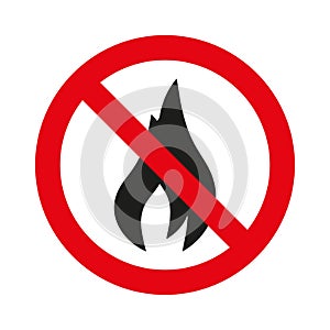 Fire ban sign. Crossed flame icon. Red circle