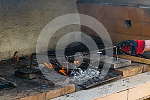Fire in a barbaque, setting fire on coal barbacue
