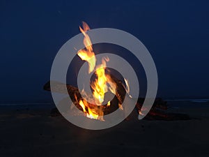 Fire on Beach during Full Moon Rising on Kauai Island, Hawaii.