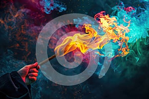 Fire blazing magic wand engulfed in multi-colored fire and colored plasma. A fantastic illustration of magic passion and