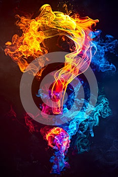Fire blazing question mark engulfed in multi-colored fire and colored plasma. A fantastic illustration of blazing doubt and faq photo