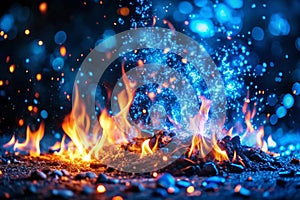 Fire blue embers over black background