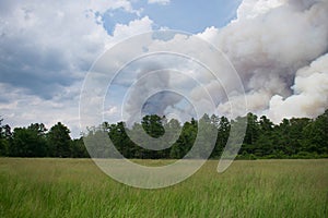 Fire with blue smoke in the sky above rural landscape of the Wharton State