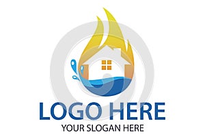 Fire Blue Water Drop Negative Space House Building Logo Design Concept
