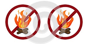 fire bonfire ban prohibit icon. Not allowed camping bonfire.