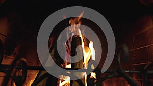 Fire, bonfire, burning wood in a stove-fireplace for heating a house. Wood-burning fireplace in the house, close-up