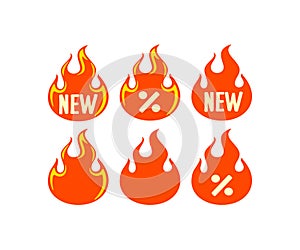 Fire, bonfire, flame, label and tag, sticker with word new, graphic design. Sale, discount and hot prices, shopping labels and pro