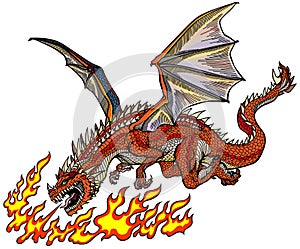 Fire-breathing dragon in the flight