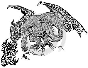 Fire-breathing dragon. Mythological creature. Black and white photo