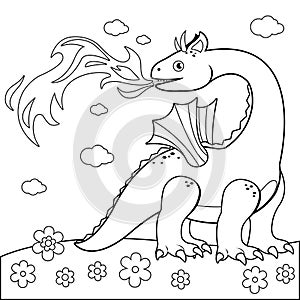 Fire breathing dragon. Vector black and white coloring page.