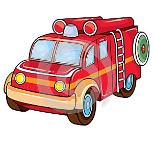 Fire brigade car in red, retro style, cartoon illustration, isolated object on a white background, vector illustration