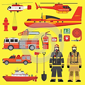 Fire brigade equipment infographics set photo