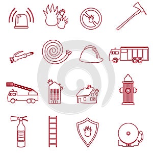 Fire brigade outline red icons set