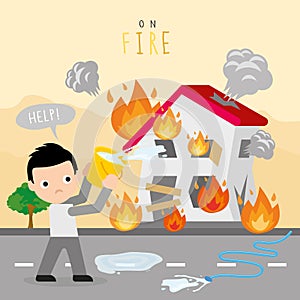 Fire Burn House Home Boy Danger Help Cartoon Character Vector