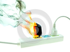 The fire is burning adapter charger plug receptacle at white background