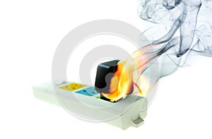The fire is burning adapter plug receptacle at white background