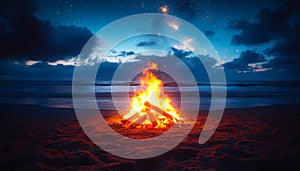A fire is burning on a beach at night