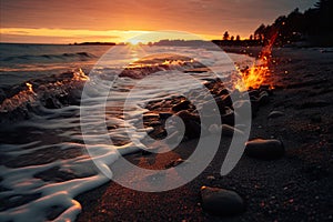 a fire is burning on the beach at sunset
