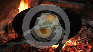 Fire burning in a brick oven. Food, bonfire, fireplace. Burning wood and frying eggs cooked on the coals. Hot coals and