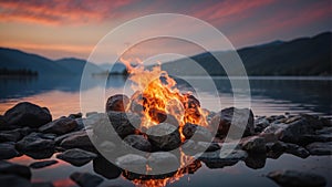 A fire is burning in a circle of rocks on a lake.