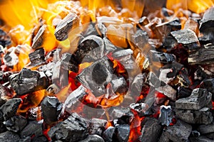 The fire, burning coals close up.