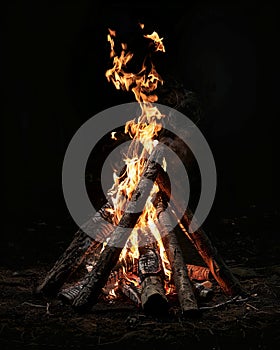 A fire is burning in the dark with logs