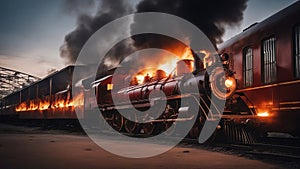 fire burning in the fire A burning classic train on fire, explosion flames, that reminds of the past. The train is brown
