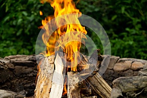 Fire burning in the fireplace in the nature or in the grill.