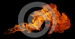 Fire and burning flame of explosive fireball isolated on dark background for graphic design