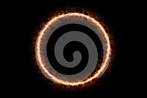 Fire burning forming circle sign symbol isolated on black background. 3d rendering illustration. Hot framing ignition and smoke