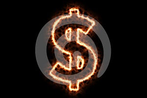 Fire burning forming dollar or money sign symbol isolated on black background. 3d rendering illustration. Hot framing ignition and