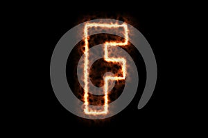 Fire burning forming letter F, capital English alphabet text character isolated on black background. 3d rendering illustration.