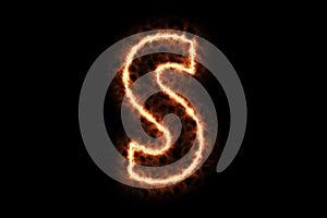 Fire burning forming letter S, capital English alphabet text character isolated on black background. 3d rendering illustration.