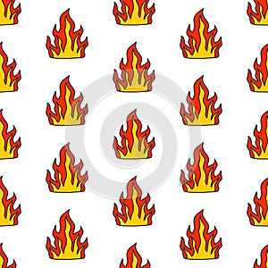 Fire burning hand drawn seamless pattern in cartoon comic style