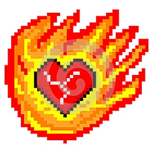 Fire burning Heart symbol with pixel art