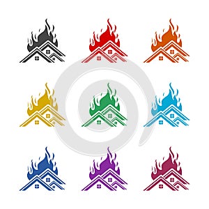 Fire in burning house icon. Set icons colorful