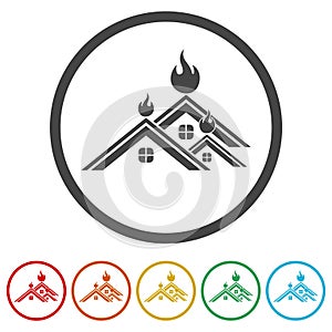 Fire in burning house ring icon, color set