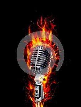 Fire burning microphone with black background