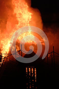 Fire. burning old wooden house