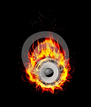 Fire burning speaker on black background